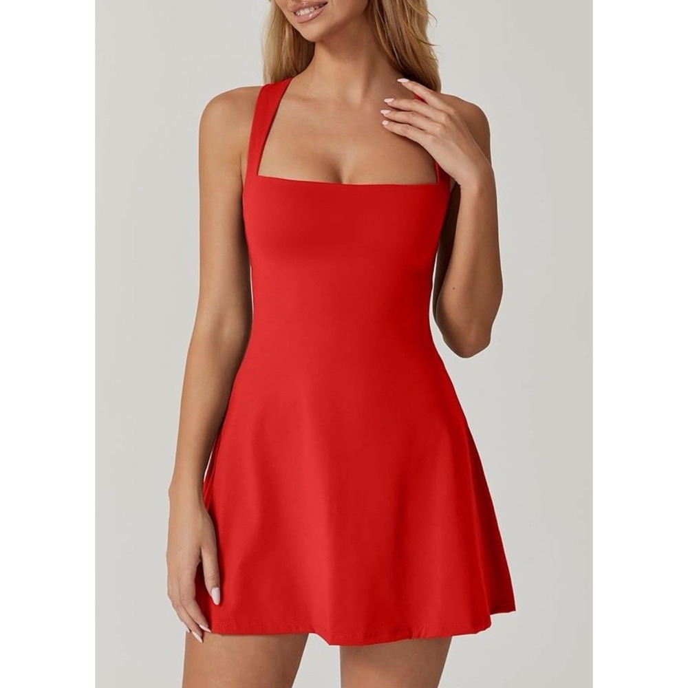 QINSEN Womens Red Tennis Dress Built in Shorts Pockets Square Neck Mini SZ Small - Picture 3 of 10
